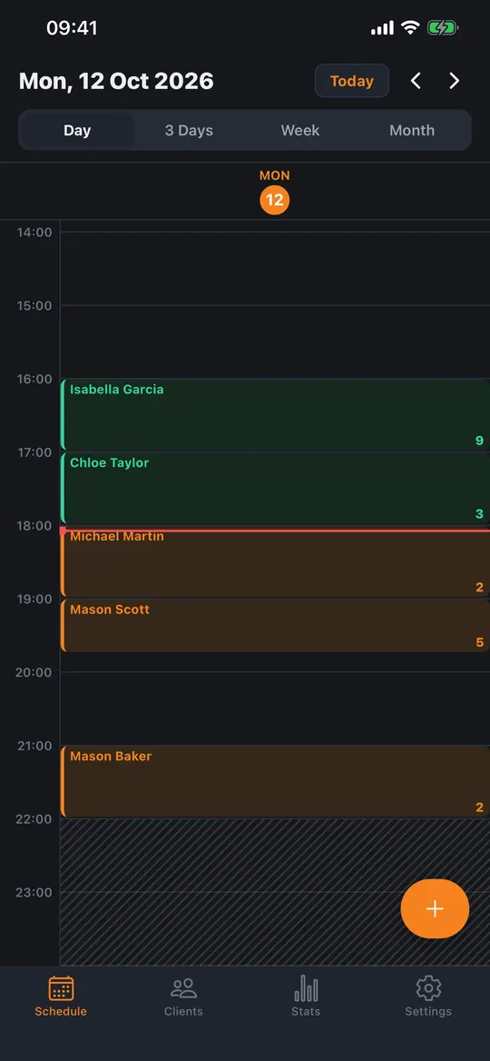 Coachrilla day view: a personal trainer's schedule for today with client sessions and prepaid balances