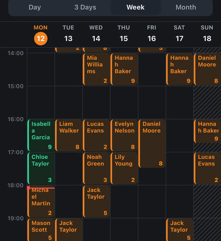 Week view of a coach's training schedule in Coachrilla: colour-coded client sessions with prepaid balances